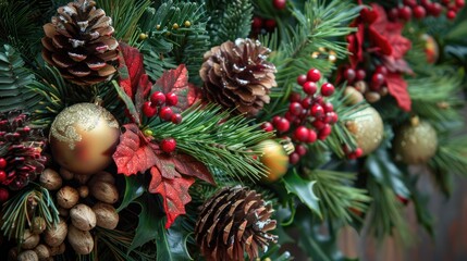 Fototapeta premium Festive decorations with Christmas greenery