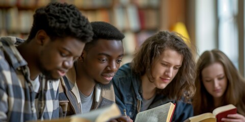 University students collaborate indoors, studying together with books and laptops in a library setting.