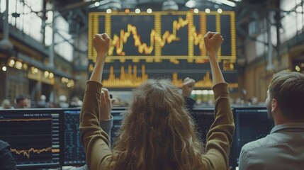 Corporate team celebrates financial success, cheering as they watch rising golden stock chart on big screen. Office environment reflects teamwork, growth, and positive business outcomes.