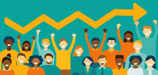 Naklejka premium Illustration group people cheering in front upward stock chart. Diverse individuals, colorful graphics, symbolizing financial growth, success, unity, and collective market excitement. Abstract.