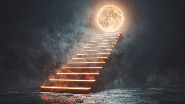 Illuminated staircase leads up to large glowing moon against dark night sky. Conceptual image symbolizes aspiration, journey, and pathway to success and opportunities in a serene night setting.