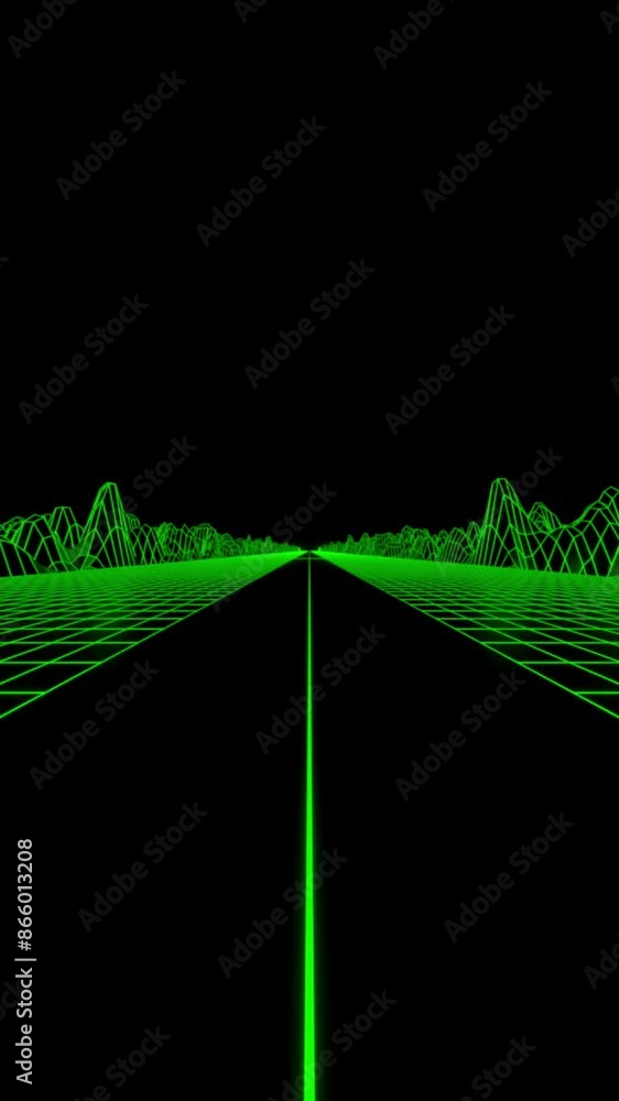 Poster retro futuristic synthwave grid background with hills on a black endless space. design. fast drive w