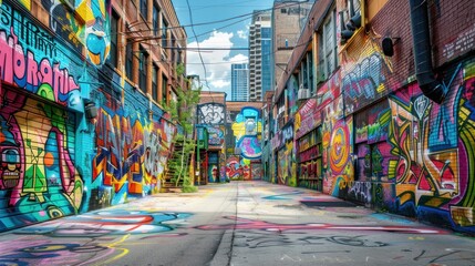 A narrow urban alleyway is brightly painted with graffiti art.