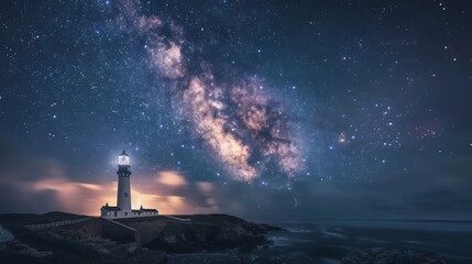 Lighthouse under a starry night sky with the Milky Way illuminating the background, creating a mesmerizing and peaceful scene by the sea