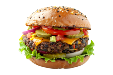 Black Bean Burger with black beans, vegetables and spices isolated on transparent white background.