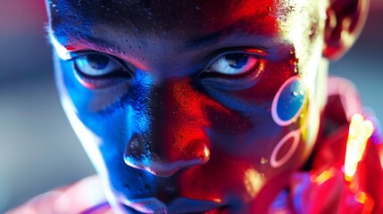 Close-up portrait of a young person with futuristic face paint under neon lighting, intense gaze