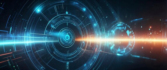Fototapeta premium Futuristic digital abstract with glowing circles, lines, and light. Perfect for tech, innovation, sci-fi, or cyberpunk themes and concepts.