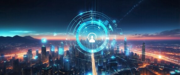 Futuristic city skyline at night with digital and technology elements, glowing lights, and smart city concepts. Ideal for technology, innovation, and connectivity themes.