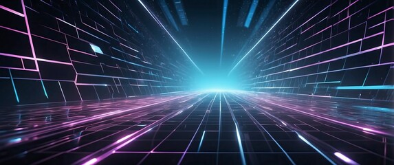 Obraz premium Futuristic neon digital landscape with glowing grid lines and a bright horizon, ideal for technology, cyberspace, and virtual reality concepts.