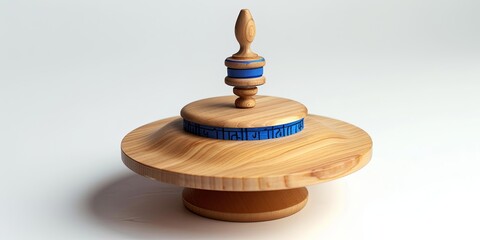 Handmade Wooden Spinning Top. Traditional Toy with Blue Inlay
