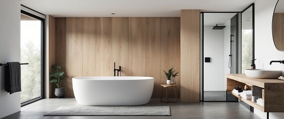 Fototapeta premium Modern, minimalist bathroom with wood paneling, freestanding bathtub, glass shower, and elegant decor. Ideal for relaxation and spa-like comfort.