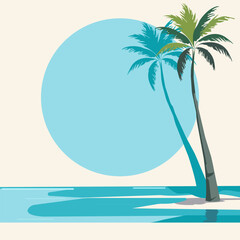 Bright summer background with palm tree and ocean, banner template with space for your text. Flat cartoon, vector. Minimalistic theme.
