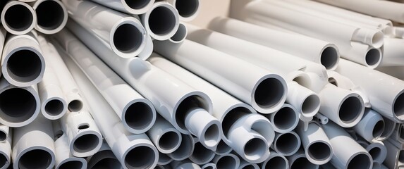 A pile of white plastic PVC pipes, essential for construction and plumbing projects. Widely used in building and renovation for water and sewage systems.