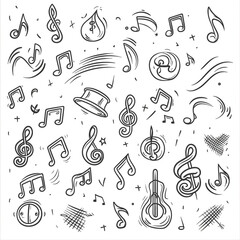 Set of hand drawn music theme isolated on white background, doodle set of Musical Instruments theme. Vector illustration