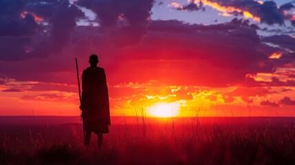 Obraz premium Silhouette of a person with a staff gazing at a breathtaking sunset on a grassy hill, vibrant red and orange hues fill the sky with scattered clouds