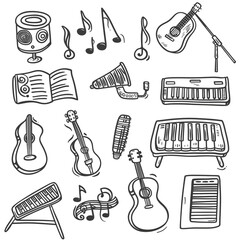 Set of hand drawn music theme isolated on white background, doodle set of Musical Instruments theme. Vector illustration
