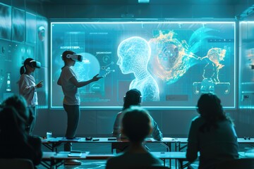 A futuristic classroom where a human teacher and an AI assistant engage with students. The room is filled with interactive holograms and advanced learning tools. The AI assistant helps a student