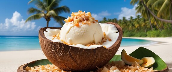 A luscious scoop of ice cream in a coconut shell, topped with sprinkles, set against a beautiful tropical beach backdrop with palm trees and a clear blue sky.