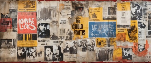 Fototapeta premium Vintage collage of weathered posters with a grunge, urban style, ideal for concepts related to retro aesthetics, street art, and countercultural themes.