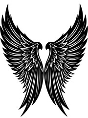 A pair of black and white angel wings with feathers on a white background
