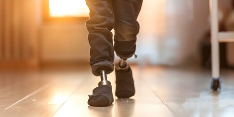 Rehabilitation of a disabled child with prosthetic legs at a center. Concept Child rehabilitation, Prosthetic legs, Disability support, Rehabilitation center, Physical therapy