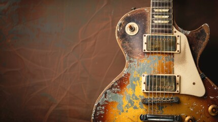 Fototapeta premium A vintage guitar with a worn finish, against a brown background.