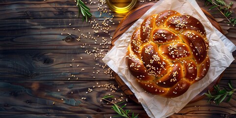 Freshly Baked Round Challah Bread with Sesame Seeds. Top View on Rustic Wooden Table