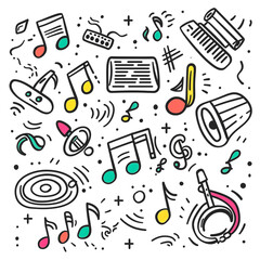 Set of hand drawn music theme isolated on white background, doodle set of Musical Instruments theme. Vector illustration