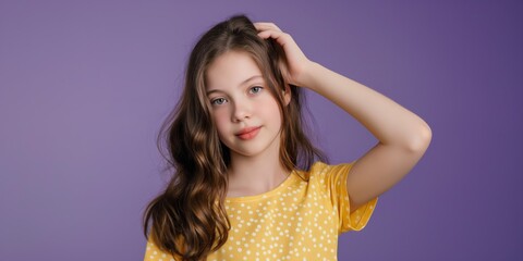 Fototapeta premium A charming portrait of a pretty brunette girl, radiating youth and positivity in a studio setting.