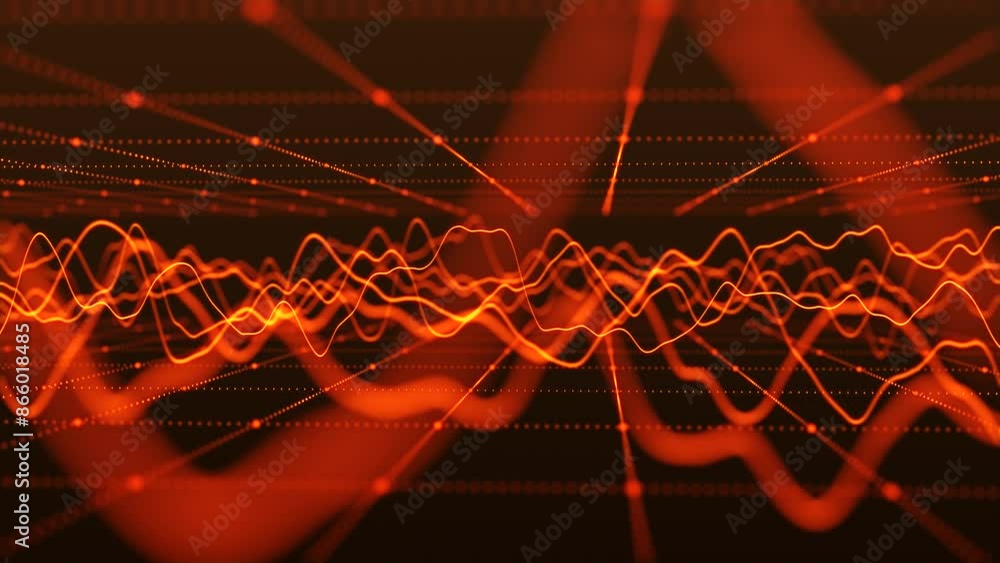 Poster wave of particles. futuristic pattern of dots and lines on a dark background. visualization of sound