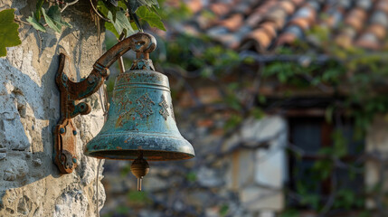 Fototapeta premium Aged metal bell attached to a rustic stone wall, surrounded by greenery, evoking a historic and vintage feel.