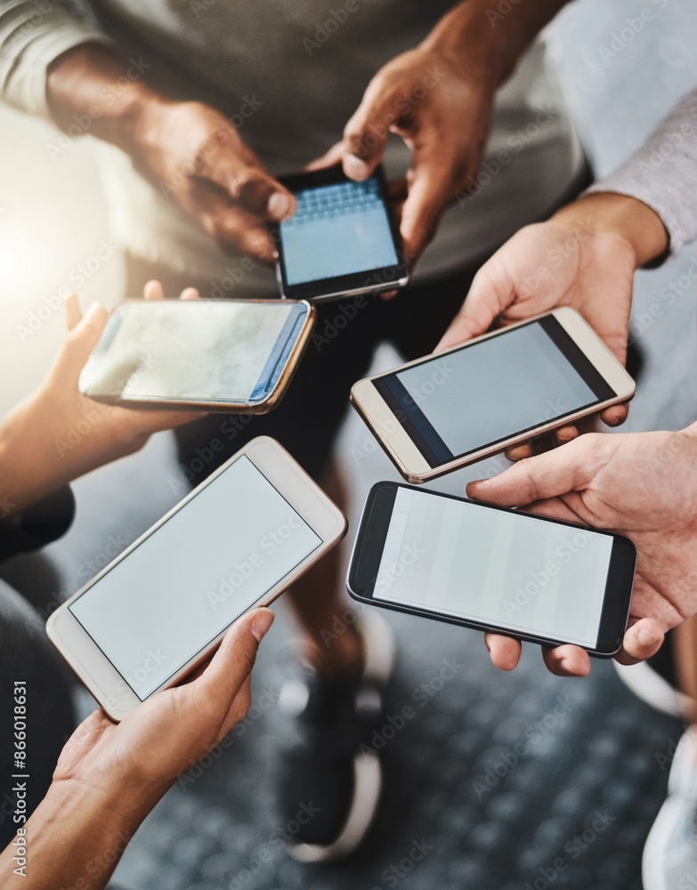 Poster Cellphone, screen and hands of people in group for networking on social media, mobile app or internet. Technology, mockup and above in circle with phone for connectivity, contact or notification.