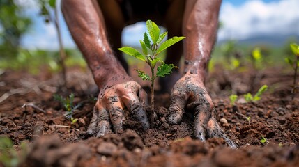 Hands planting a small tree in soil