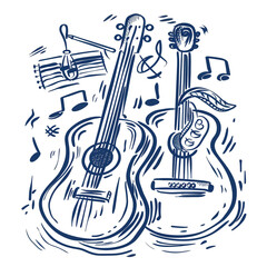 Set of hand drawn music theme isolated on white background, doodle set of Musical Instruments theme. Vector illustration