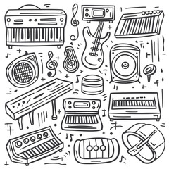 Set of hand drawn music theme isolated on white background, doodle set of Musical Instruments theme. Vector illustration