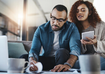 Calculator, budget paperwork or couple writing with financial checklist, notes or planning savings....