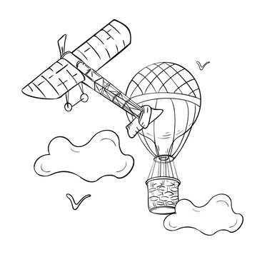 recommend clip art: Air transport black and white contour vector illustration isolated. Airplane silhouette with big balloon in the clouds. Retro transport simple coloring. Hot air balloon graphic drawn. Bird outline