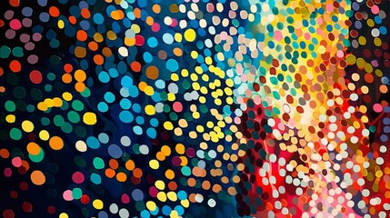 A series of colored dots arranged in a random pattern, forming a vibrant and abstract composition.