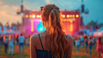 A young woman enjoying an outdoor music festival, seen from behind in a summer outfit. Concept: freedom, youth, and music. Ideal for event promotions, summer campaigns, and lifestyle brands.