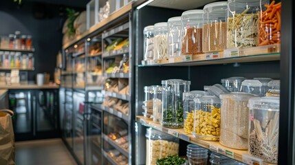 Zero waste grocery store where customers bring their own containers to fill with bulk food items and package-free products , concept of reducing waste and conscious consumption and minimal packaging. 