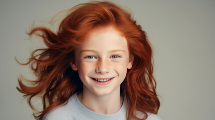 Fototapeta premium Portrait of a beautiful, happy smiling boy with red long hair and perfect skin, silver background, banner.