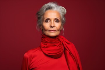 A woman in a red dress and scarf poses for the camera