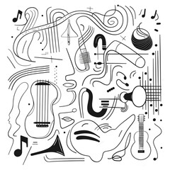 Set of hand drawn music theme isolated on white background, doodle set of Musical Instruments theme. Vector illustration