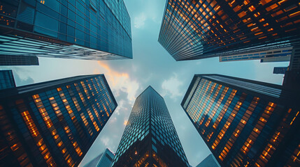 View of modern skyscrapers from below during dusk, capturing the urban architecture and cityscape in evening light.