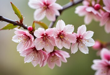 Fototapeta premium a macro shot of dew-kissed cherry blossoms with a shallow depth of field, highlighting the texture and colors of the flowers against a muted background.