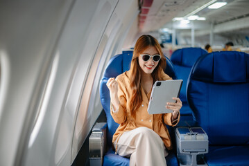 Asian Woman Working on Tablet During  in first class, multitasking with Flight Travel in style, work