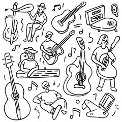 Set of hand drawn music theme isolated on white background, doodle set of Musical Instruments theme. Vector illustration