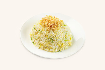 Fried Rice with Garlic and Scallions served in plate isolated on grey background side view of hong kong food