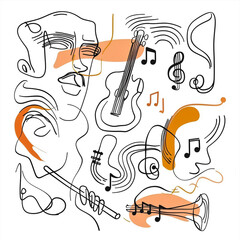 Set of hand drawn music theme isolated on white background, doodle set of Musical Instruments theme. Vector illustration