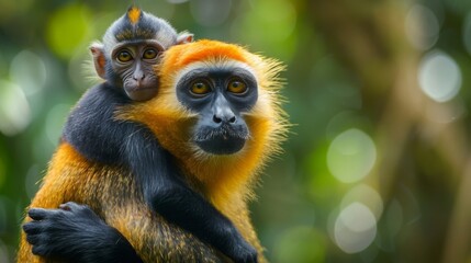 Obraz premium Colorful monkeys in jungle, featuring a close bond. Baby monkey riding on mother's back, surrounded by vibrant green nature. Wildlife in action.